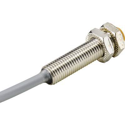 Ein zylindrischer, metallischer Sensor mit Gewinde und grauem Kabel, verwendet in industriellen Anwendungen zur Positions- oder Anwesenheitserkennung.