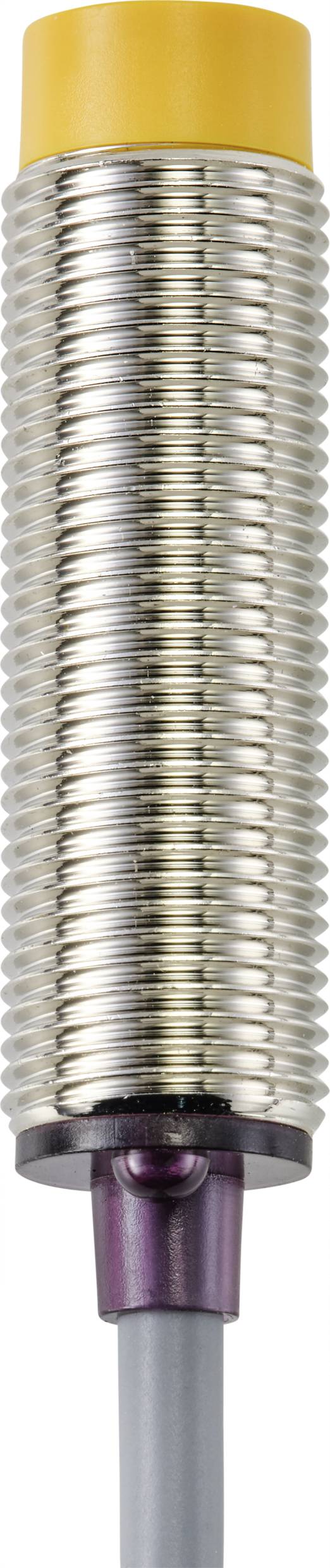 Ein zylindrischer Induktionssensor mit metallischem Gewindegehäuse und gelber Spitze. Anschlusskabel unten am Sensor.