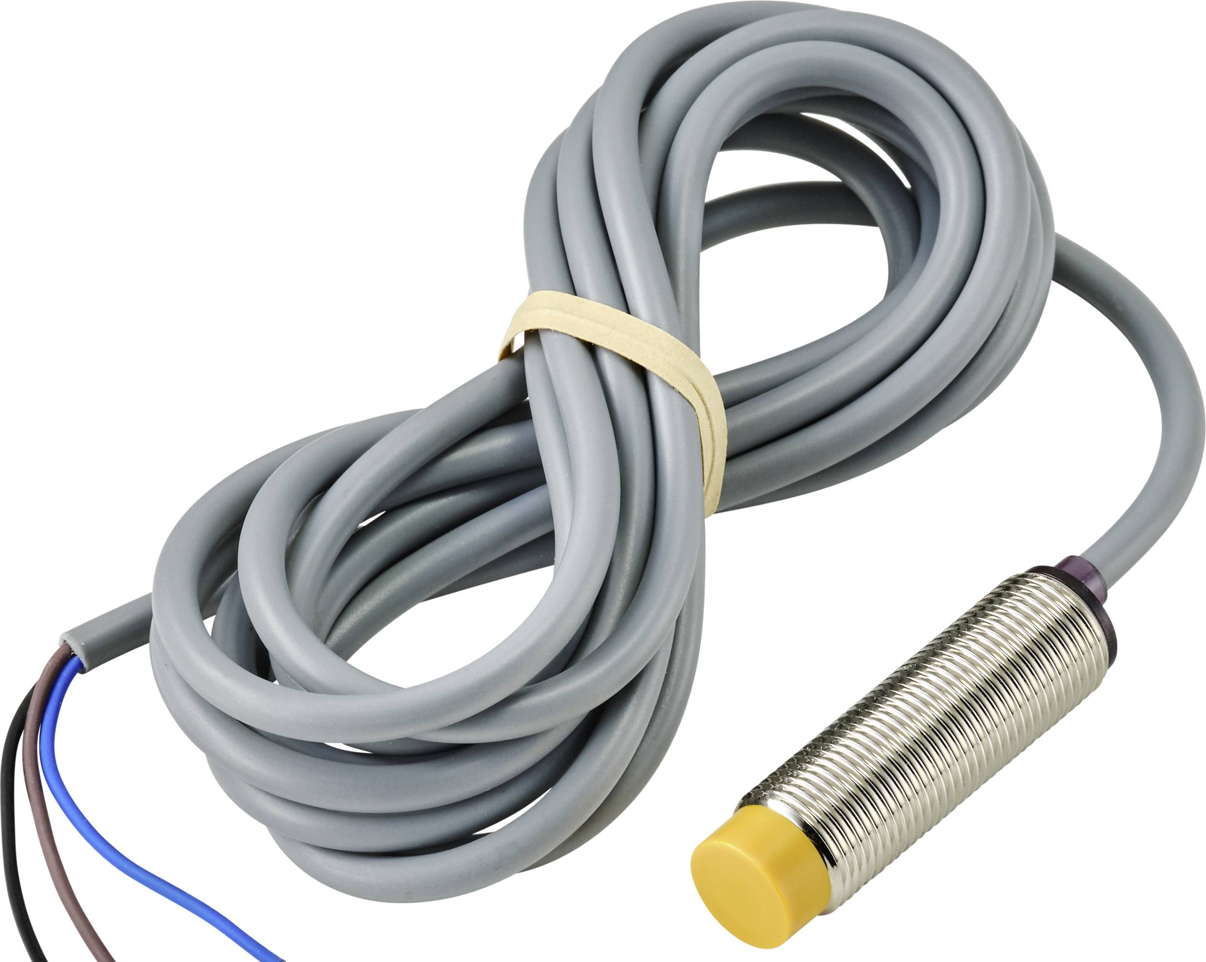 Ein zylindrischer Näherungssensor mit gelber Spitze und einem langen grauen Kabel, das mit einem Gummiband zusammengebunden ist.