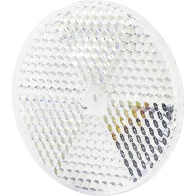 Runder Reflektor in weißem Kunststoff mit prismatischer Oberfläche zur Verbesserung der Sichtbarkeit bei Dunkelheit.