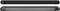 Flache, rechteckige Soundbar in Schwarz und Grau, Vorder- und Rückansicht. Links ist ein Markenlogo sichtbar.