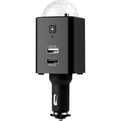 Schwarzes Ladegerät für Auto-Zigarettenanzünder mit zwei USB-Anschlüssen, einem Power-Button und einer kuppelförmigen Beleuchtung oben.