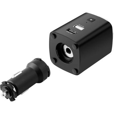 Ein schwarzer KFZ-Adapter mit USB-Anschluss und Zigarettenanzünder-Stecker, getrennt voneinander dargestellt.