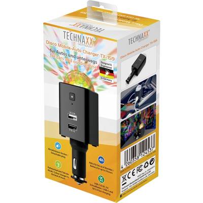Technaxx Disco Mobile-Auto-Ladegerät TX-159, für Autos und unterwegs. Funktionen: Musik im Takt der LED-Lichter, 2 USB-Anschlüsse, 4 Stunden Akkulaufzeit.