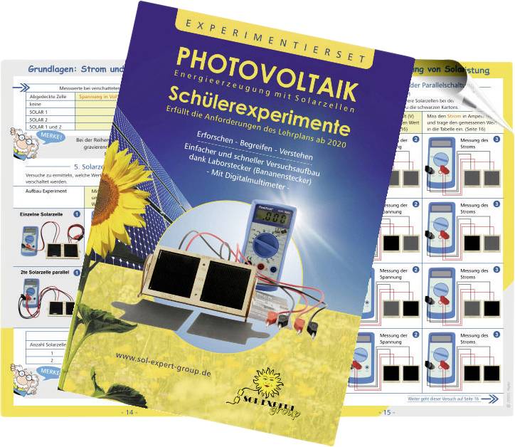 Cover der Broschüre 'Photovoltaik Schülerexperimente' mit Solarzelle, Digitalmultimeter und Skizzen von elektrischen Kreisläufen.