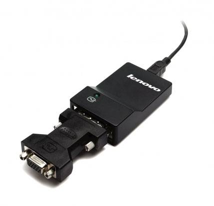 Ein schwarzer Lenovo-Adapter mit VGA-Anschluss und USB-Kabel, geeignet für Verbindungen zwischen Computern und Monitoren.