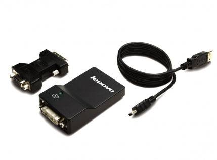 Externer Grafikkartenadapter von Lenovo mit DVI-Anschluss, USB-Kabel und VGA-Adapteraufsatz.