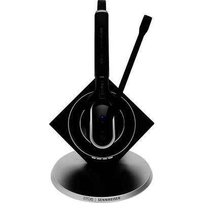 Kabelloses EPOS Sennheiser Headset auf Ladestation. Mikrofonarm ausgeklappt, Leuchtanzeige aktiv. Geeignet für Büroanwendungen.