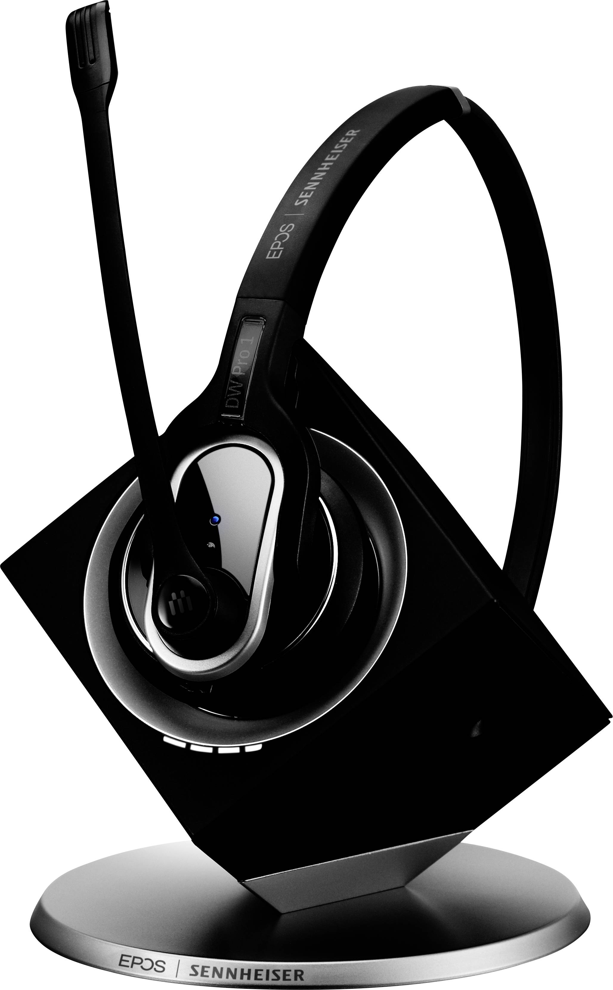 Ein Sennheiser EPOS drahtloses Headset, montiert auf einer Ladebasis. Das Headset ist schwarz mit silbernen Akzenten.