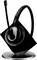 Ein Sennheiser EPOS drahtloses Headset, montiert auf einer Ladebasis. Das Headset ist schwarz mit silbernen Akzenten.