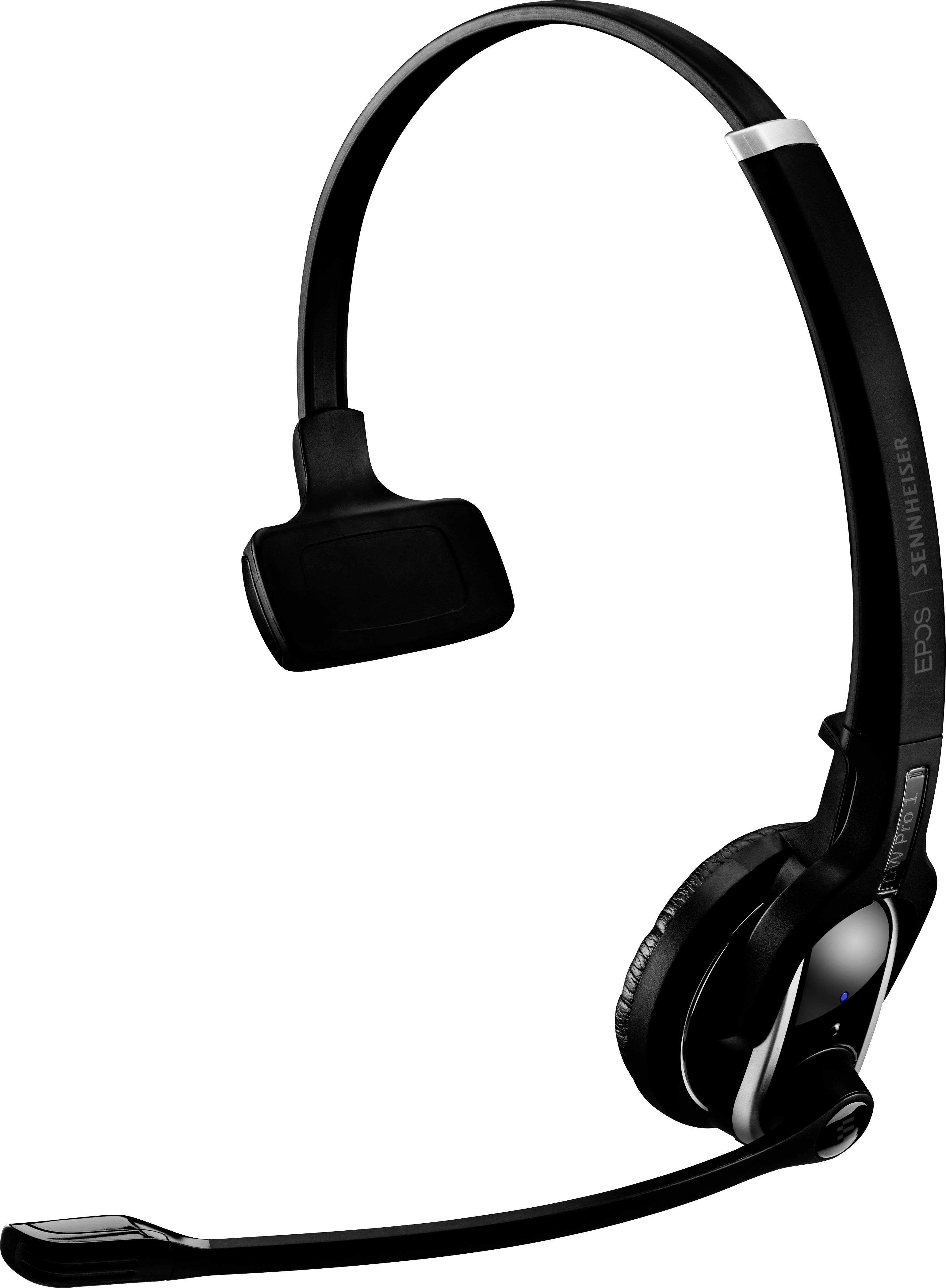 Ein schwarzes, einseitiges Headset mit Ohrbügel und Mikrofon, geeignet für professionelle Telefonkonferenzen oder Büroanwendungen.