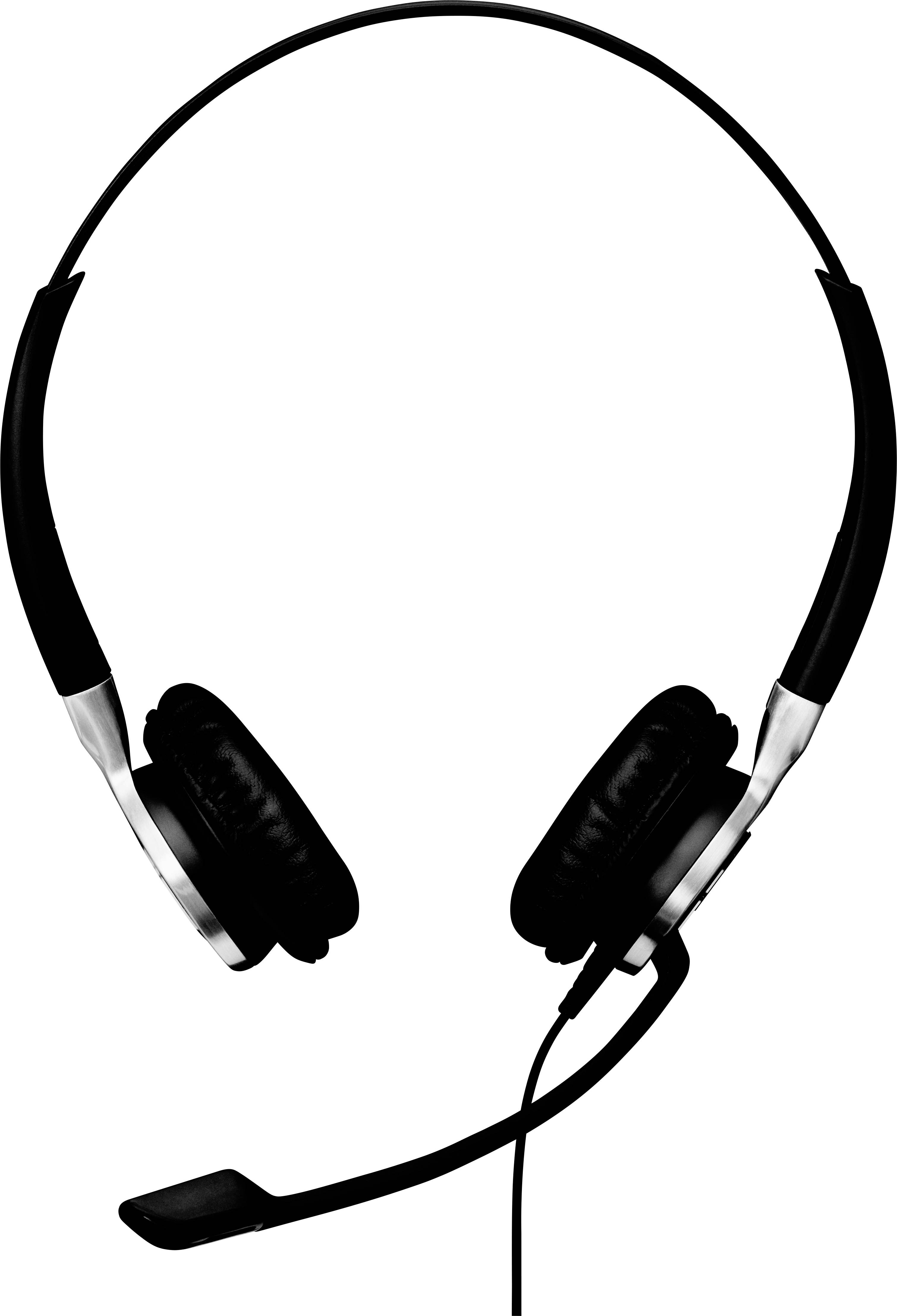 Ein schwarzes Headset mit Mikrofonbügel, geeignet zum Telefonieren oder für Online-Meetings, vor weißem Hintergrund.
