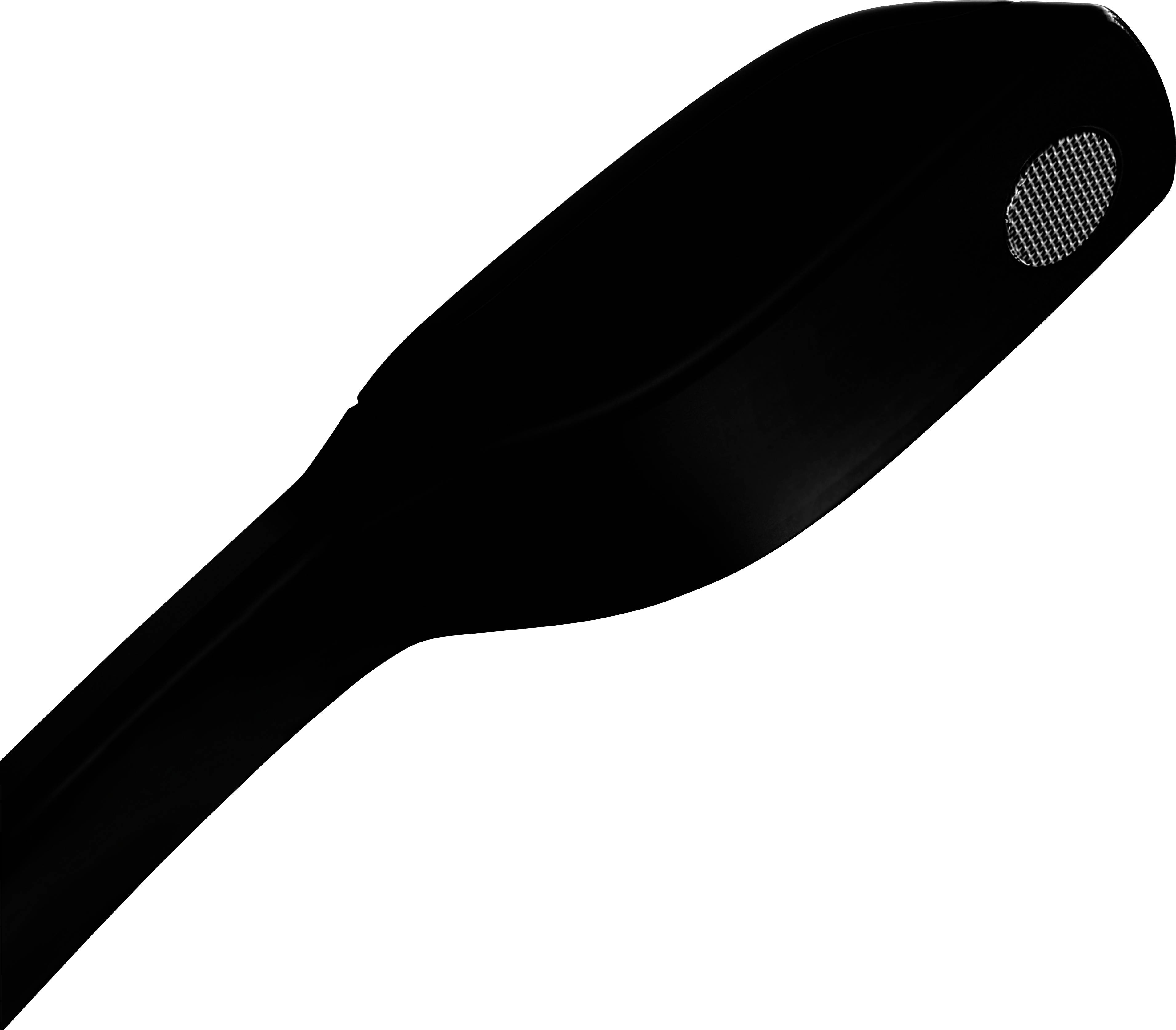 Schwarzer Straßenlaternenkopf mit einem ovalen Design und einem sichtbaren Lochmuster auf der rechten Seite.