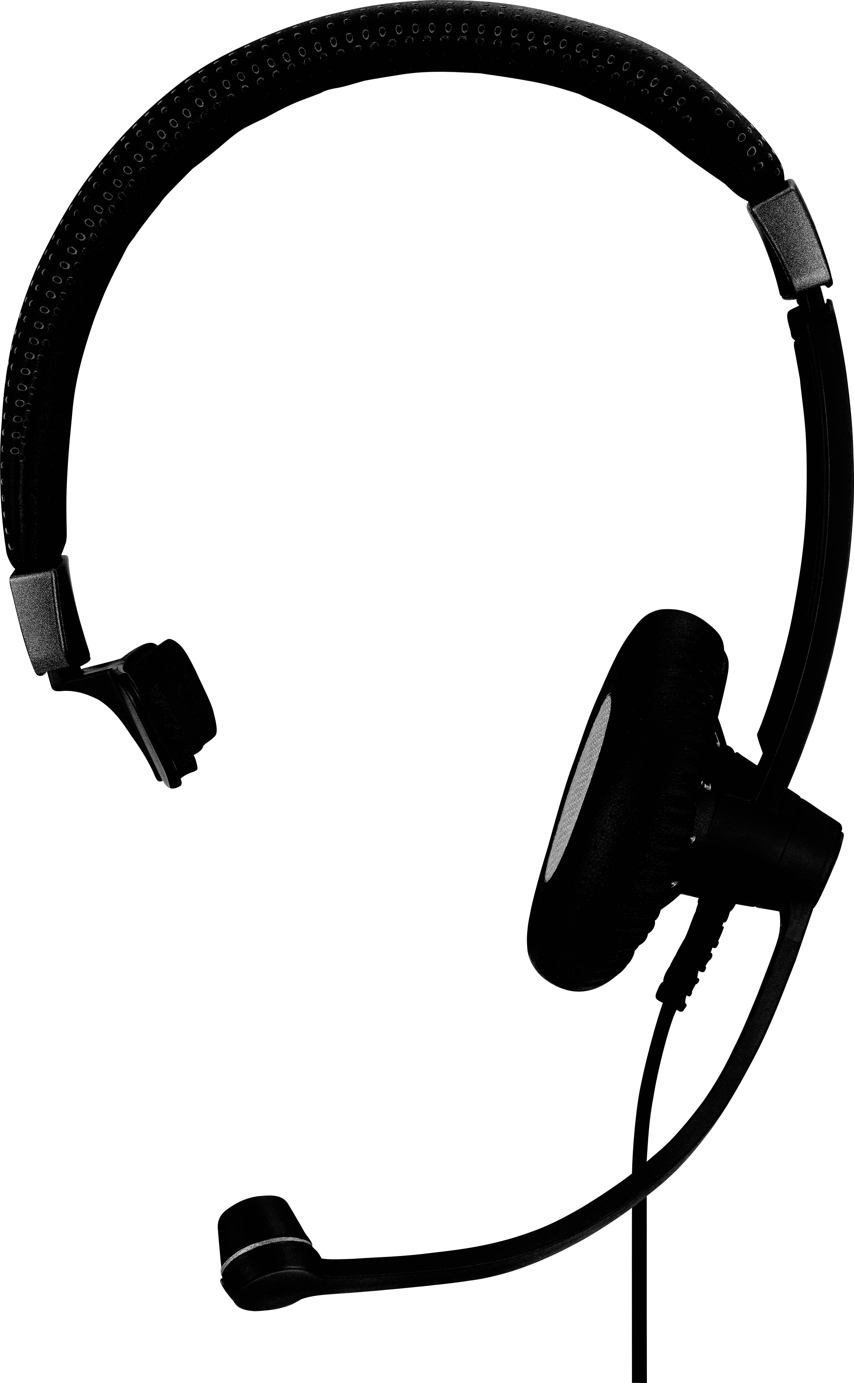Schwarzes Headset mit Mikrofonarm, geeignet für Computer oder Telefonanrufe, isoliert vor weißem Hintergrund.