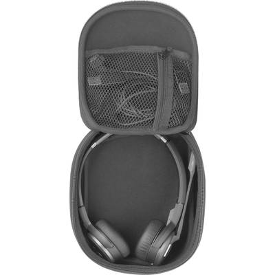 Geöffnete Kopfhörertasche zeigt Kopfhörer im unteren Fach und Kabel im oberen Netzfach.