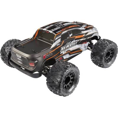 'Ferngesteuertes Auto mit robustem Design, großen Reifen und markanten schwarz-orangefarbenen Mustern, seitliche Ansicht.'