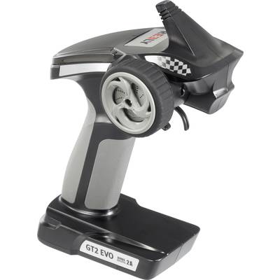 Fernsteuerung mit Lenkrad und Antenne. Beschriftung auf der Basis: 'GT2 EVO Series 2A'. Hauptsächlich in Schwarz und Grau gehalten.