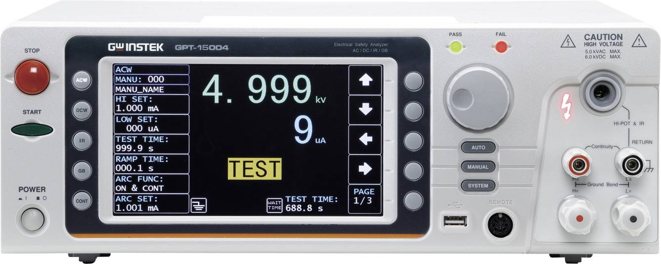 Ein elektronisches Prüfgerät mit digitalem Display zeigt eine Spannung von 4,999 kV an. Große Tasten für Start und Stopp sind vorhanden.