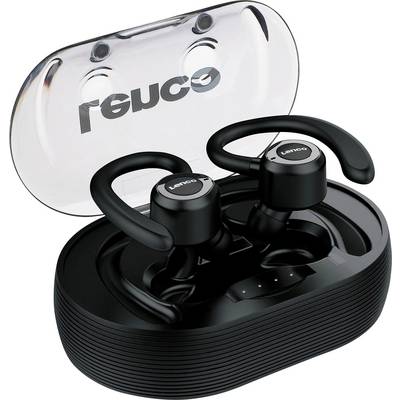 Kabellose schwarze Ohrhörer von Lenco mit Ohrbügeln in transparentem Ladecase, ideal für Musik und Anrufe unterwegs.