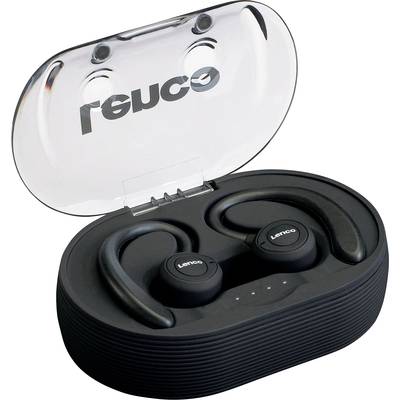Kabellose schwarze In-Ear-Kopfhörer in einem offenen Ladeetui, abgewinkelte Ohrbügel für sicheren Halt, Markenlogo sichtbar.