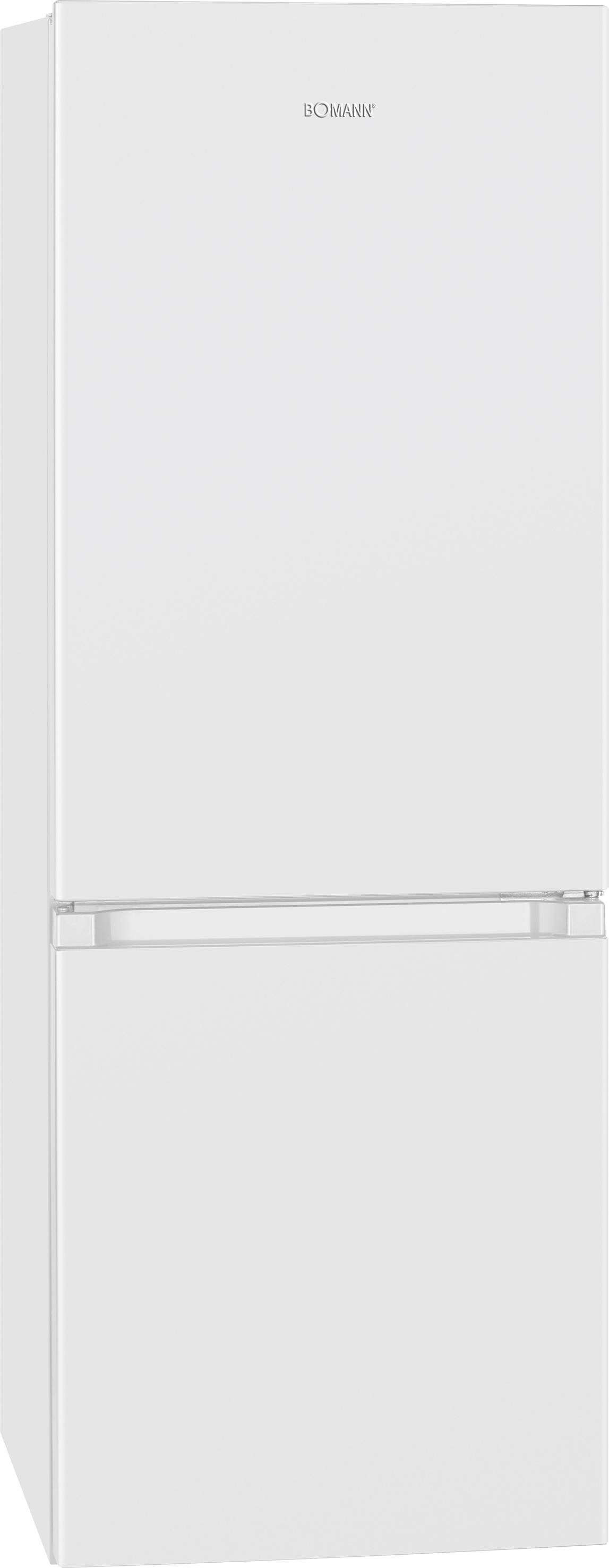 Ein weißer Kühlschrank mit Gefrierfach unten und markenloser Frontansicht.