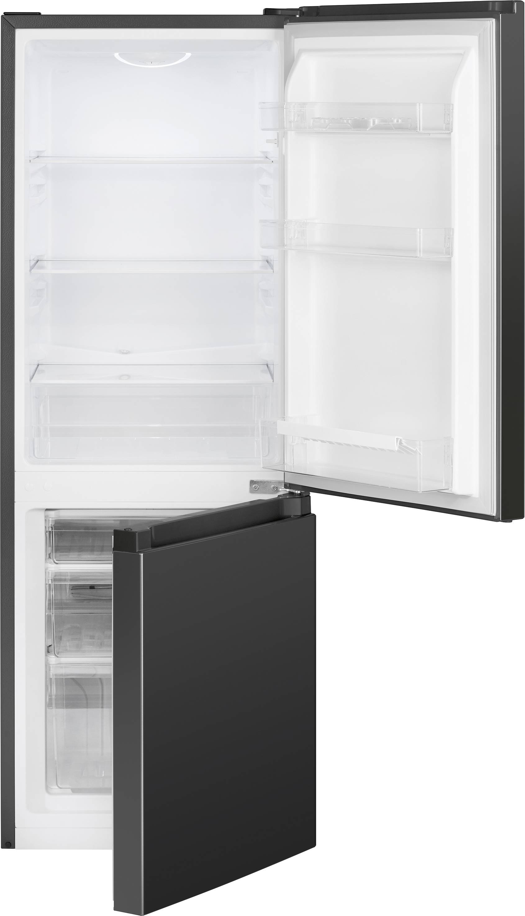 Ein geöffneter, leerer Kühlschrank mit mehreren Regalen und Fächern, zeigt klare, strukturierte Innenaufteilung.