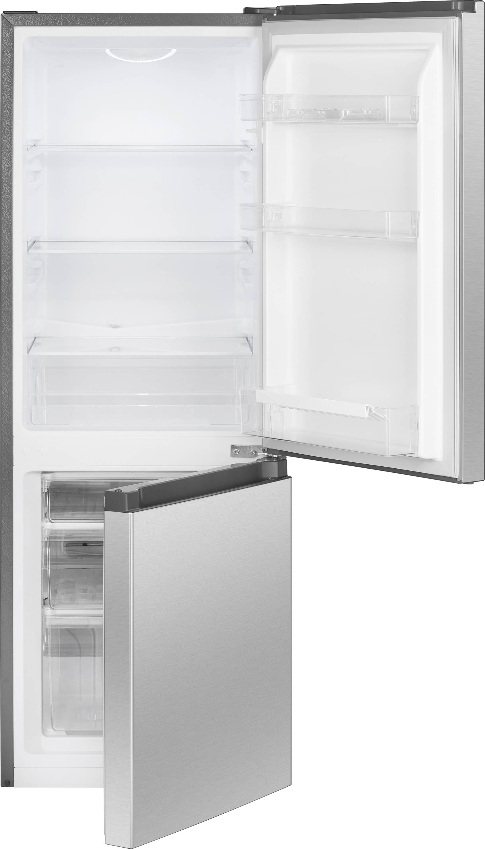 Ein moderner, offener Kühlschrank mit Gefrierfach. Der Kühlschrank hat mehrere Regale und Schubladen.