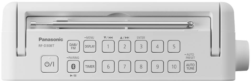 Ein weißes tragbares Radio von Panasonic mit Tasten für Kanäle, Timer, Display und Lautstärkeregelung. Modell RF-D30BT.