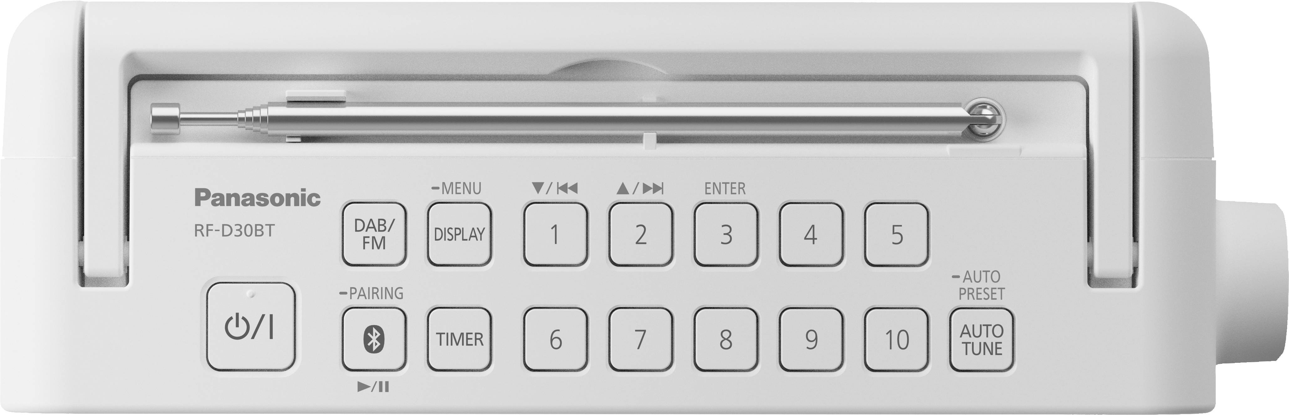 Digitales DAB/FM-Radio von Panasonic in Weiß, Modell RF-D30BT, mit numerischen Tasten, An-/Aus-Schalter, Timer und Tuning-Optionen.