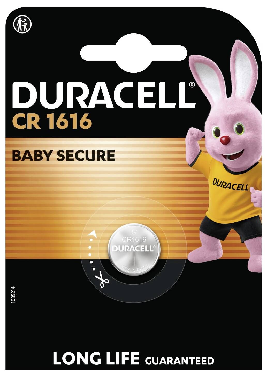 Duracell CR1616 Batterieverpackung mit einem rosa Hasen, der ein „Duracell"-Shirt trägt. Der Text lautet „Baby Secure" und „Lange Lebensdauer garantiert".