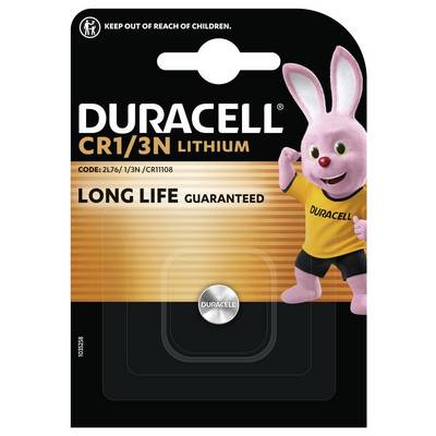 Verpackung einer Duracell Lithium-Batterie (1/3N) mit Abbildung eines rosa Hasen. Warnung: 'Außer Reichweite von Kindern aufbewahren'.