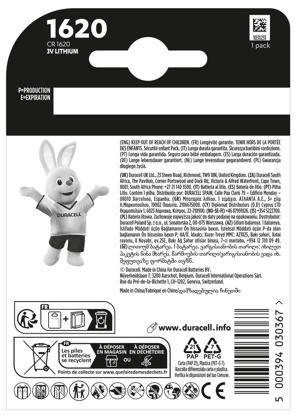 Verpackung von "Duracell Plus" D2-Batterien mit dem Duracell-Hasen. Der Text lautet "100% Lebensdauer garantiert".