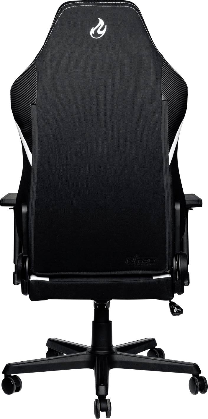 Schwarzer Gaming-Stuhl mit hoher Rückenlehne und Rollen, geeignet für ergonomisches Sitzen bei langen Sitzzeiten.