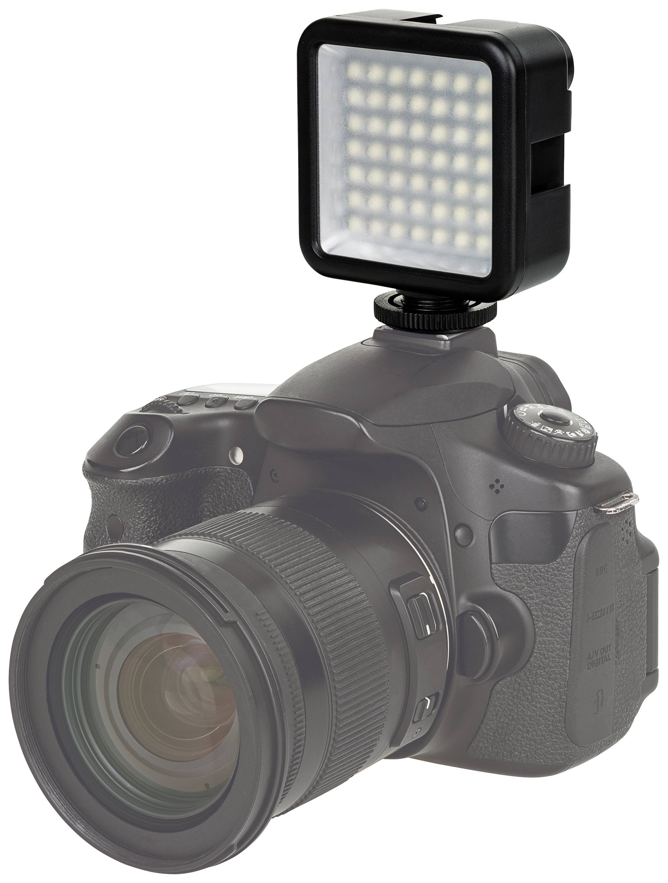 Spiegelreflexkamera mit großem Objektiv und LED-Lichtaufsatz auf der Oberseite, geeignet für Fotografie bei schlechten Lichtverhältnissen.