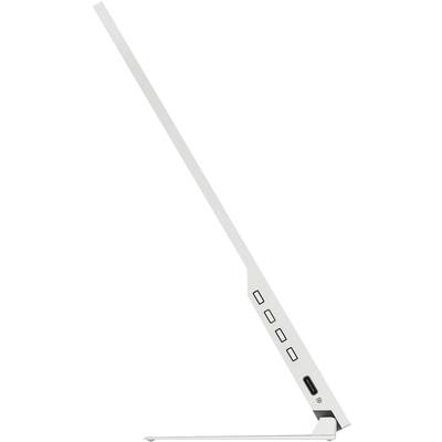 Flache, weiße Tischlampe mit schmalem, modernem Design, seitlich vier Knöpfe und ein USB-Anschluss sichtbar.