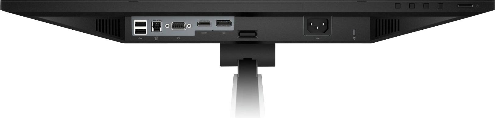 Rückseite eines Monitors mit sichtbaren Anschlüssen: HDMI, DisplayPort, USB und Stromanschluss.