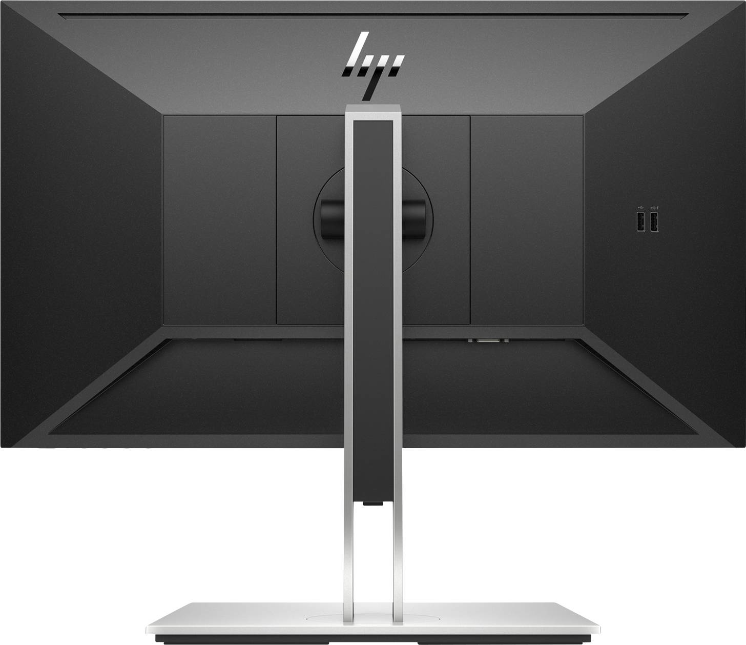 Der Monitor zeigt die Rückansicht eines schwarzen Bildschirms mit einem schlichten, modernen Metallstandfuß.