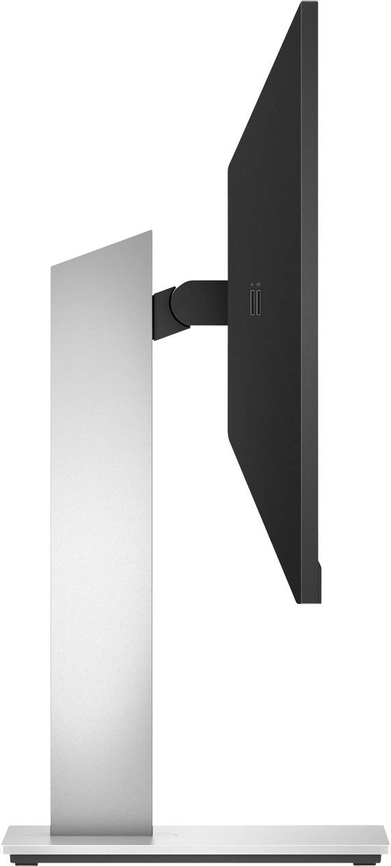 Ein seitlicher Blick auf einen flachen Computermonitor mit einem schlanken Metallständer auf einer festen Basis.