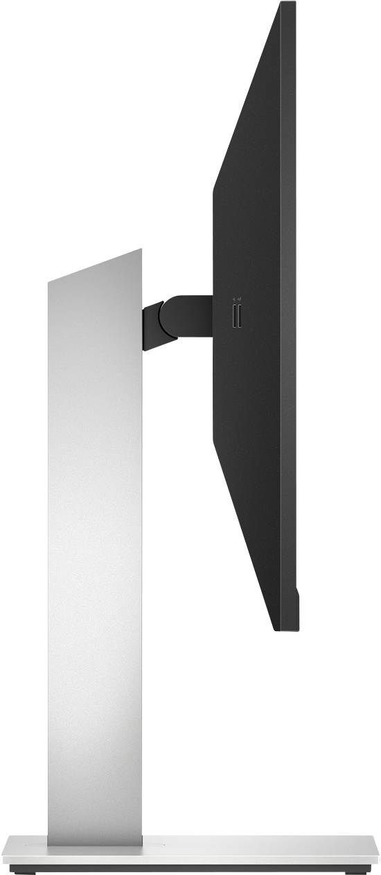 Ein Flachbildschirmmonitor in seitlicher Ansicht mit schmalem Rahmen, montiert auf einem robusten, silberfarbenen Standfuß.