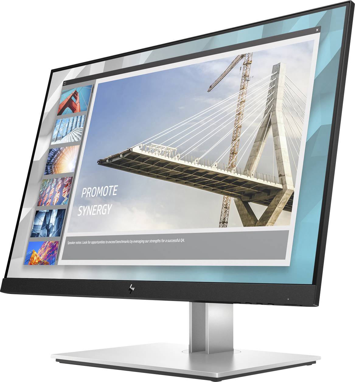 Ein Computermonitor mit einem Bild von einer modernen Brücke und der Aufschrift 'PROMOTE SYNERGY', umgeben von kleineren Architekturmotiven.
