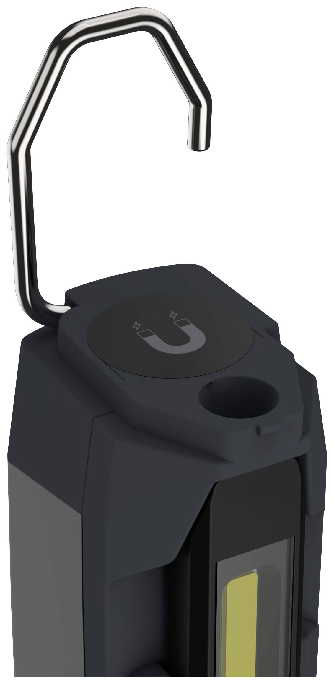 Hakenförmige, schwarze Taschenlampe mit Magnet auf der Oberseite, ideal zum Aufhängen oder Befestigen an Metalloberflächen.