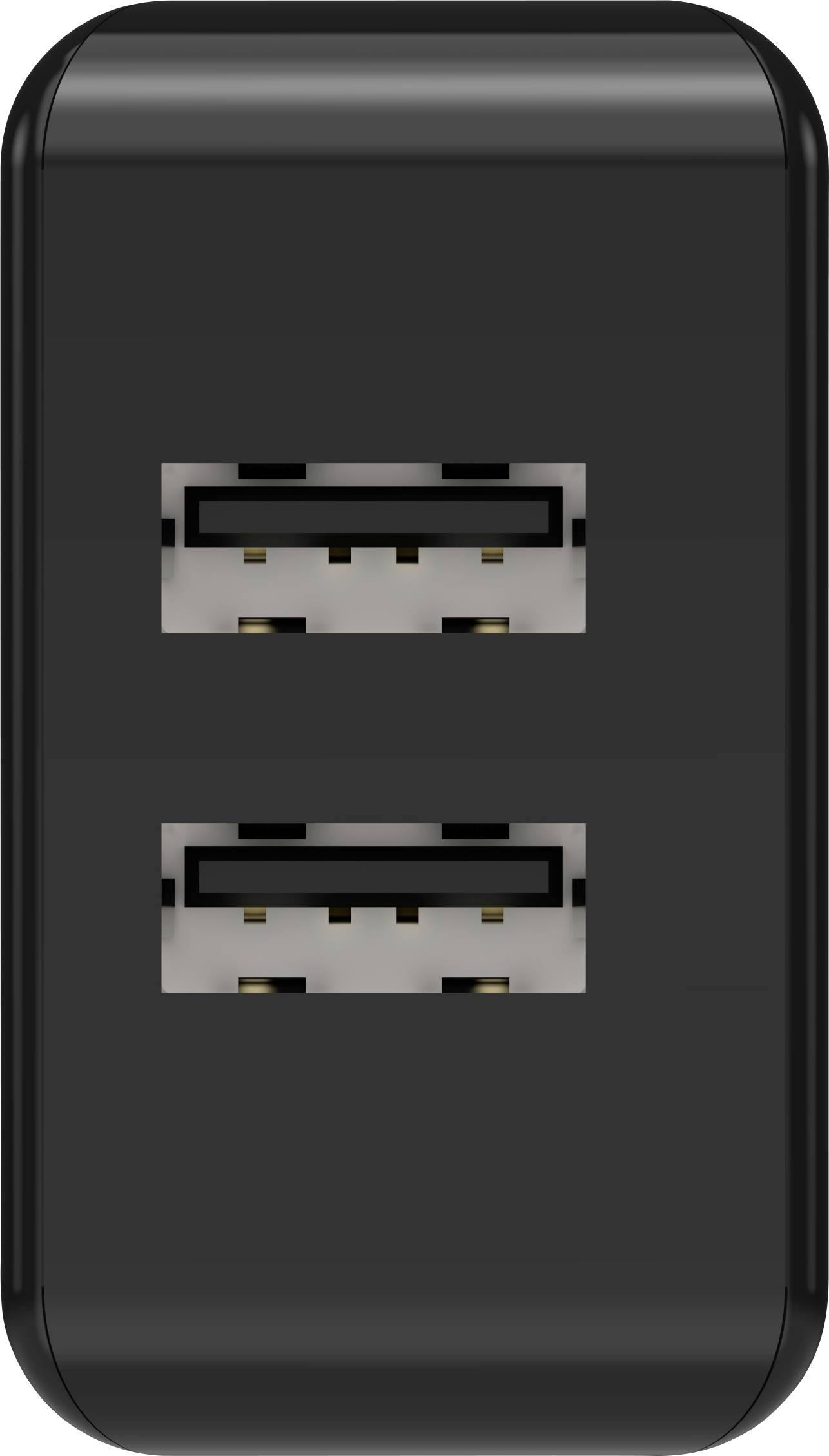 Ein schwarzes Gerät mit zwei USB-Anschlüssen übereinander, vermutlich ein Ladegerät oder Adapter.