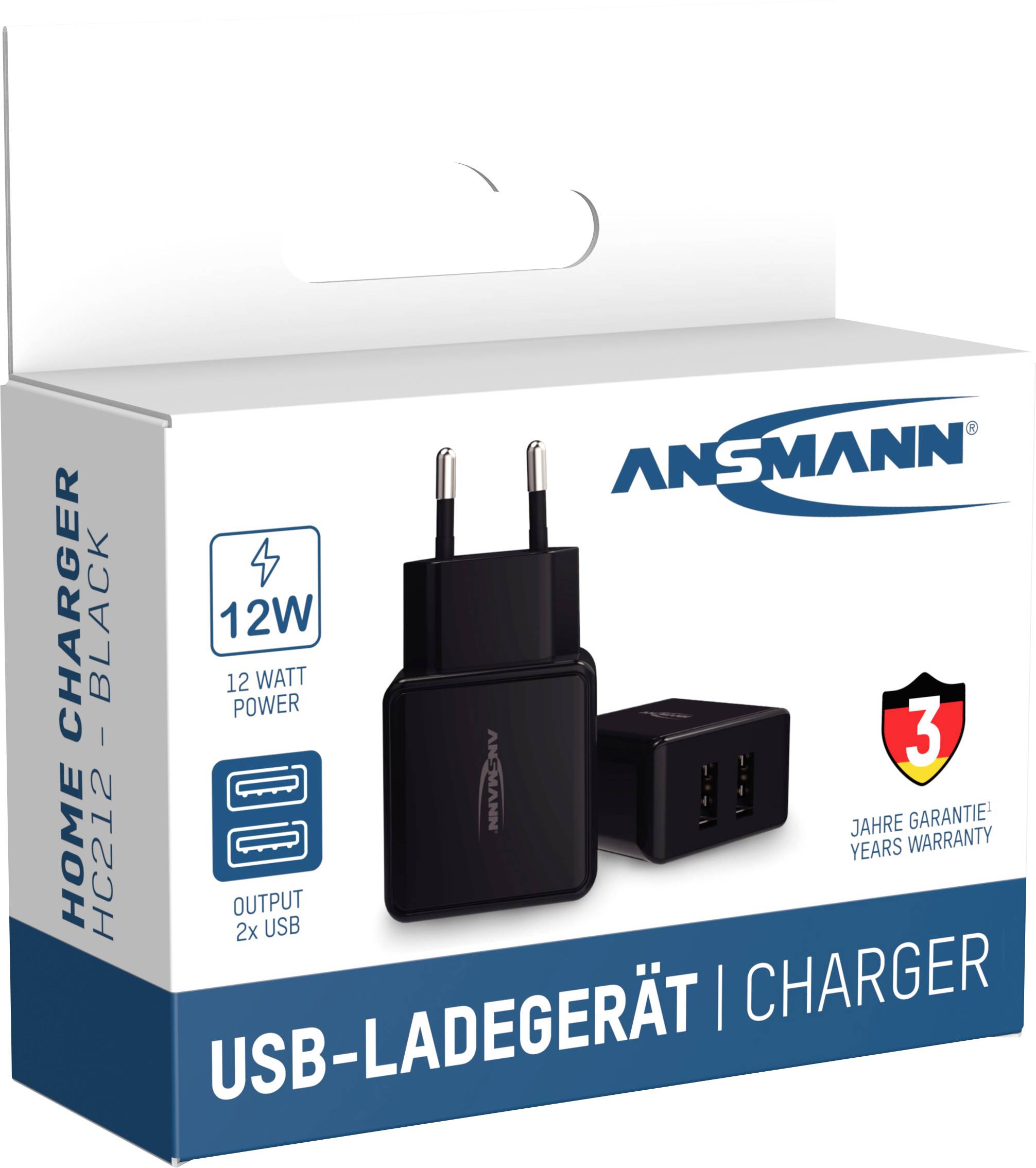 'Schwarzes USB-Ladegerät mit zwei USB-Anschlüssen und 12 Watt Leistung. Verpackung zeigt 3 Jahre Garantie und Marke Ansmann.'
