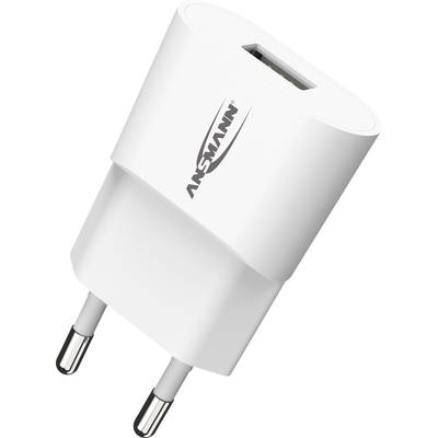 Weißes USB-Ladegerät mit europäischem Stecker, geeignet zum Aufladen von elektronischen Geräten. Markiert mit 'Ansmann'.