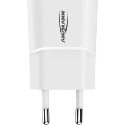 Weißes USB-Ladegerät mit zwei Steckdosenkontakten und der Aufschrift 'ANSMANN' auf der Vorderseite.
