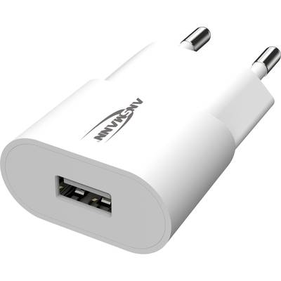 Ein weißes USB-Ladegerät mit zwei Steckstiften und einem USB-Anschluss. Markenname auf der Oberseite sichtbar.