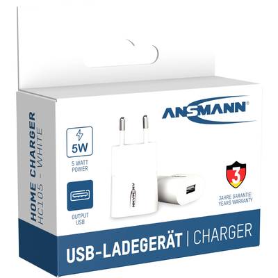 Weiße Verpackung eines Ansmann USB-Ladegeräts mit 5W Leistung. Text: 'Drei Jahre Garantie'. Enthält Bild des Ladegeräts.