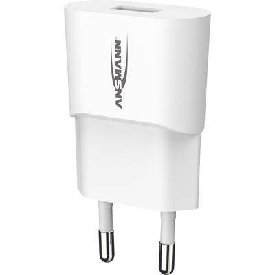 Weißes USB-Ladegerät mit zwei Steckstiften, Marke Ansmann. Geeignet für europäische Steckdosen, kompakt und tragbar.