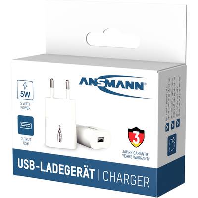 USB-Ladegerät in weißer Verpackung mit EU-Stecker. Aufschrift: '5W', '3 Jahre Garantie', 'USB-Ladegerät'.