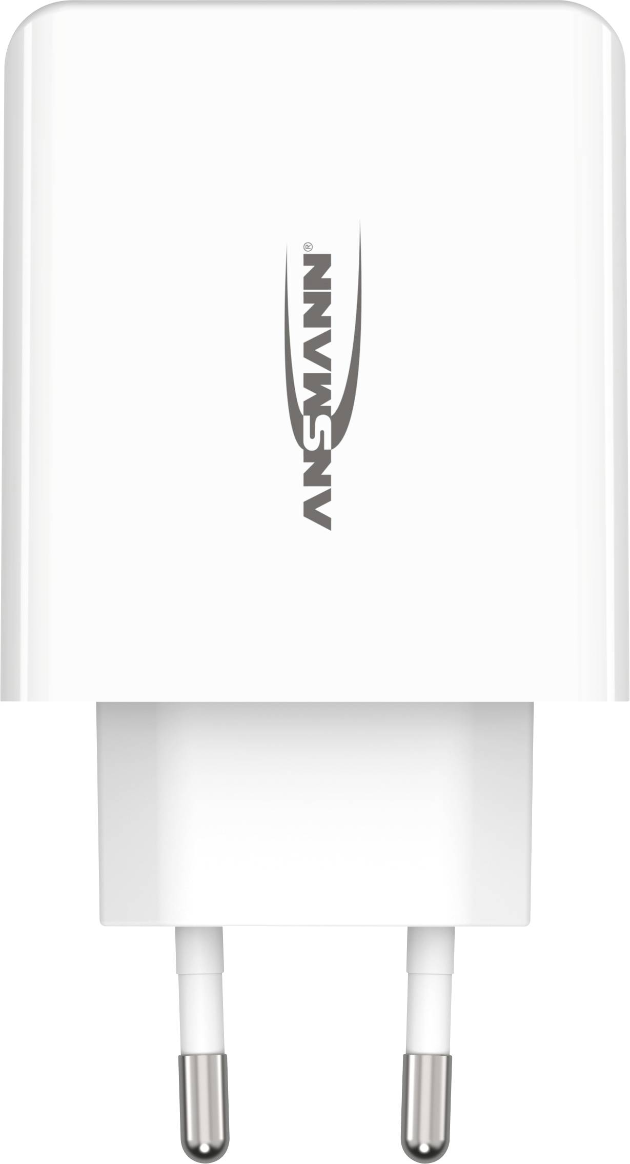 Ein weißes USB-Ladegerät mit der Aufschrift 'ANSMANN' auf der Vorderseite, EU-Stecker unten. Geeignet für elektronische Geräte.